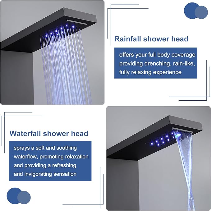 ROVATE LED Shower Panel Tower with Shelf & 6 Adjustable Jets, Matte Black | Stainless Steel Rainfall Waterfall Shower Column with 6 Angle Adjustable Body Massage Jets, Self-Cleaning 5-Setting Handheld