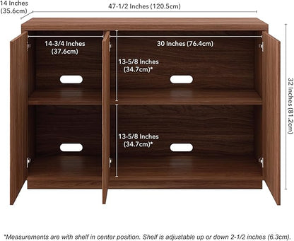 Henn&Hart 47.5'' Fluted Sideboard Buffet Cabinet, Ribbed Modern Wooden Credenza with 3 Doors, Adjustable Shelves, and Cable Management Cut-Outs for Dining Room, Kitchen or Living Room, Satin Walnut