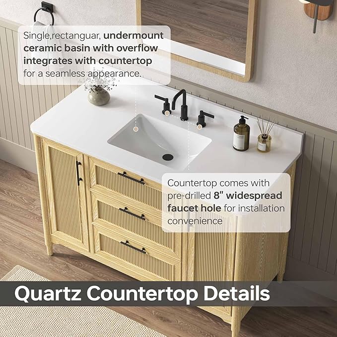 48 Inch Bathroom Vanity with Sink, Solid Wood Frame Single Sink Bathroom Vanity with Quartz Countertop, Bathroom Storage Cabinet with Soft Closing Doors & Dovetail Drawers, Light Oak