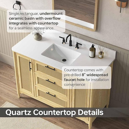 48 Inch Bathroom Vanity with Sink, Solid Wood Frame Single Sink Bathroom Vanity with Quartz Countertop, Bathroom Storage Cabinet with Soft Closing Doors & Dovetail Drawers, Light Oak