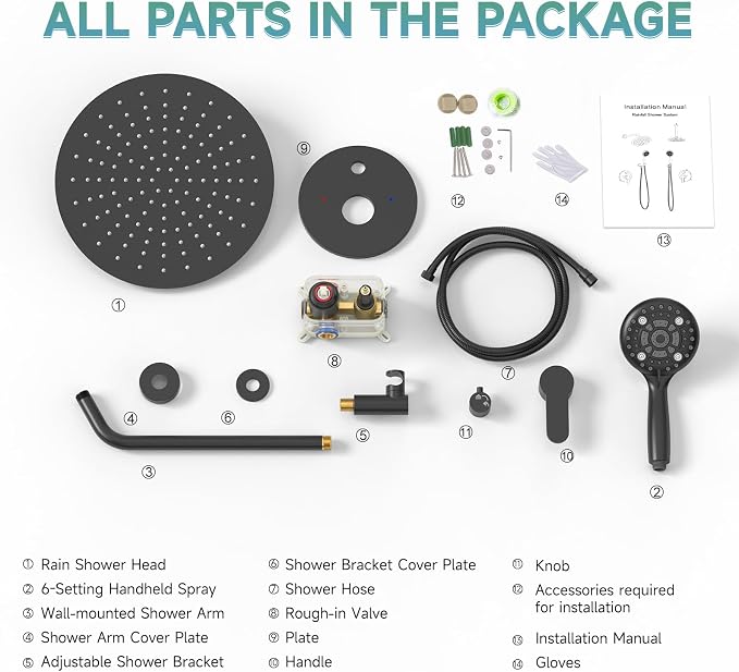 SR SUN RISE Shower Faucet - 12 Inch Multifunctional High Pressure Shower Head System with Handheld Shower Head Fixtures - Valve Included - Matte Black