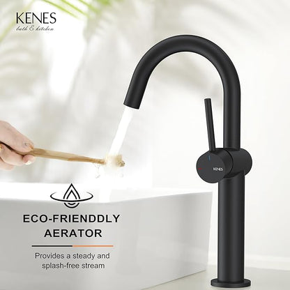 KENES Matte Black Tall Bathroom Vessel Sink Faucet, Single Handle Bathroom Faucet Single Hole, Tall Vanity Faucet with Pop Up Drain and Supply Lines, KE-9005C-2