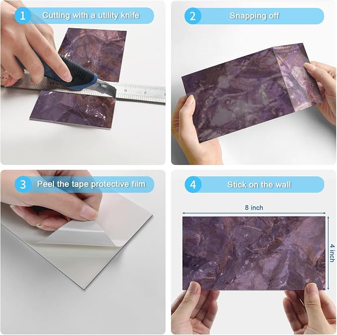 URCOLOR 32-Piece Peel and Stick Backsplash Wall Tile, 4"x 8" PVC Glossy Purple Marble Stick on Subway Tiles for Kitchen, Bathroom, Laundry Room, Camper, Fireplace