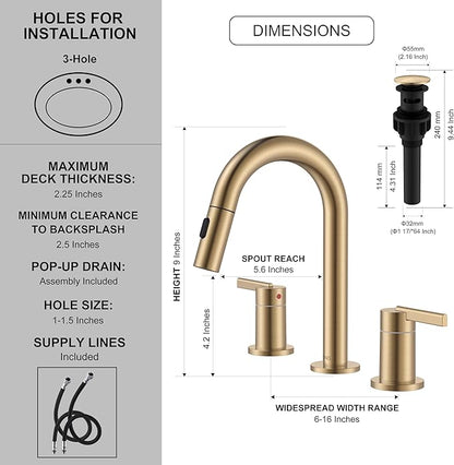 KENES Champagne Bronze Pull Down Bathroom Faucet, 8 Inch 2 Handle Widespread Bathroom Faucet 3 Hole with Pull Out Sprayer, Bathroom Vanity Faucet with Pop Up Drain & Supply Lines LJ-9068-CB