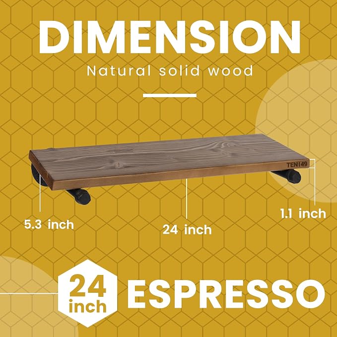 TEN49 Real Wood Rustic Floating Shelves Wall - 24 Wide Small Wooden Industrial Pipe Shelving - Farmhouse Pipe Wall Shelves Furniture Bathroom Decor Art Shelf Kitchen - Dark Espresso Color - Set of 2