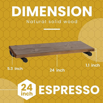 TEN49 Real Wood Rustic Floating Shelves Wall - 24 Wide Small Wooden Industrial Pipe Shelving - Farmhouse Pipe Wall Shelves Furniture Bathroom Decor Art Shelf Kitchen - Dark Espresso Color - Set of 2