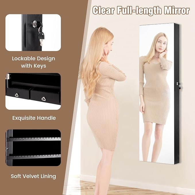 LDAILY Jewelry Armoire Wall or Door Mounted, Full-Length Mirror with Storage, Lockable Mirror Jewelry Cabinet w/ 2 Drawers, LED Lights, Over the Door Jewelry Organizer Box for Women Girls
