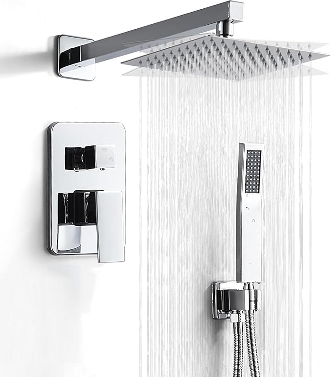 10 Inch Shower Faucet Set, Wall-Mounted Rainfall Shower System with High Pressure Handheld Shower Head, Bathroom Mixer Shower Set Wall Mounted Rough-in Valve and Trim Kit, Polished Chrome
