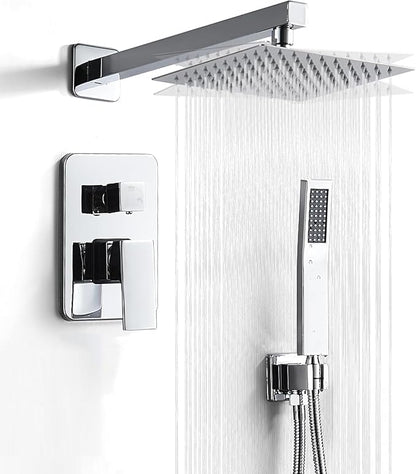 10 Inch Shower Faucet Set, Wall-Mounted Rainfall Shower System with High Pressure Handheld Shower Head, Bathroom Mixer Shower Set Wall Mounted Rough-in Valve and Trim Kit, Polished Chrome