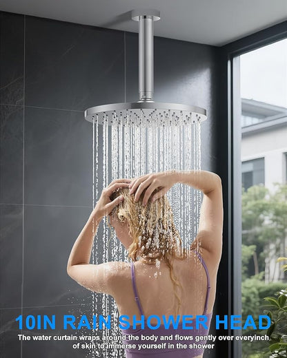 Shower System with Pressure Balance Valve, 10" Ceiling Mount Shower Faucet Set with 2 Rain Shower Head And Multi-function Handheld Head Push Button Diverter Pressure Balancing Valve Kit, Chrome