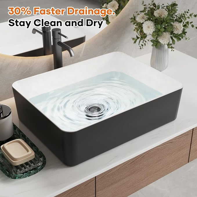 19"x15" Black & White Rectangle Ceramic Vessel Bathroom Sink | Modern Rectangular Countertop Sink Crafted from Durable Ceramic, Compatible with Vessel Sink Faucets, Smooth Two-Tone Finish