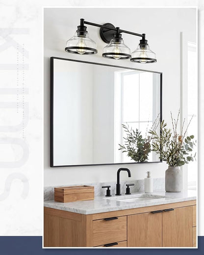 kudos 3-Light Matte Black Vanity Light, Clear Glass Shade | 24" bathroom light fixtures over mirror, upward or downward, E26 base, bulbs not included, Hardwired, KDVL20-BK-3