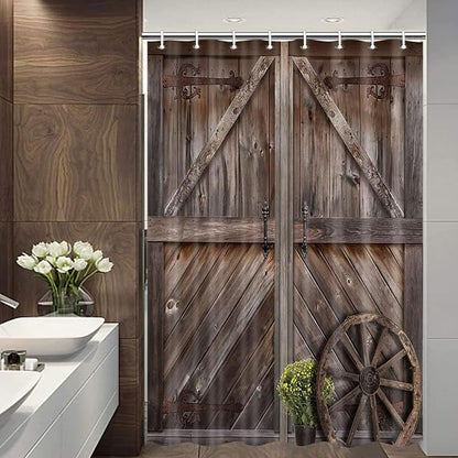 Rustic Barn Door Shower Curtains, Western Vintage Farmhouse Wood Board Shower Curtain Sets for Bathroom Decor, Brown Wooden Country Bath Curtain with Hooks, 54X70IN