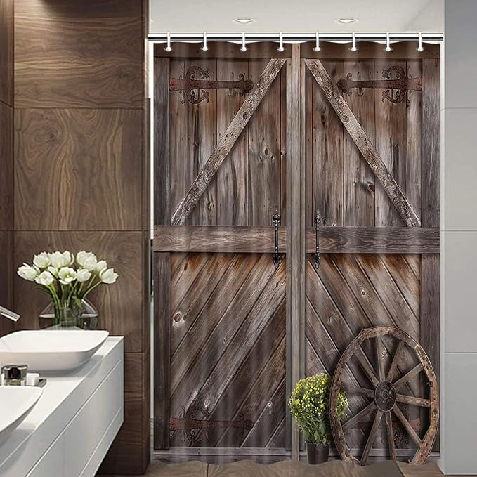 Brown Wooden Barn Door Shower Curtain,Rustic Small Woodland Farmhouse Bath Curtain Sets for Camper, Vintage Countryside RV Shower Curtain with Hooks 47X64 in