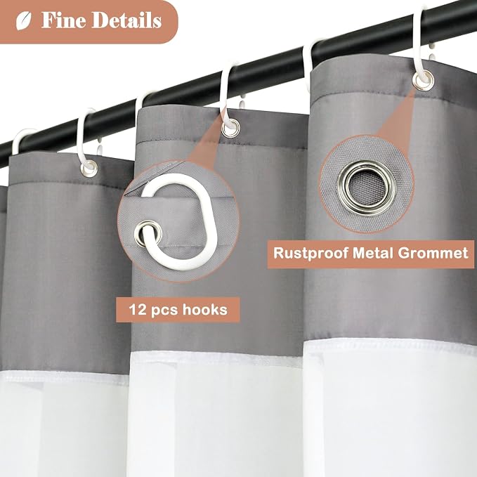 UFRIDAY Grey Shower Curtain with See-Through Window 72 x 72 Inch, Fabric Shower Curtain with Window.Shower Curtain for Bathroom and Bathtubs,Machine Washable, Hotel Quality