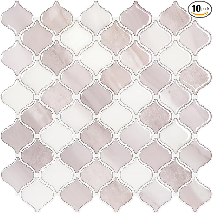 STICKGOO Arabesque Peel and Stick Backsplash, 12”X12” Backsplash Tile for Kitchen Peel and Stick, Self Adhesive Wall Tile Stick on Tiles (Pink Beige White)