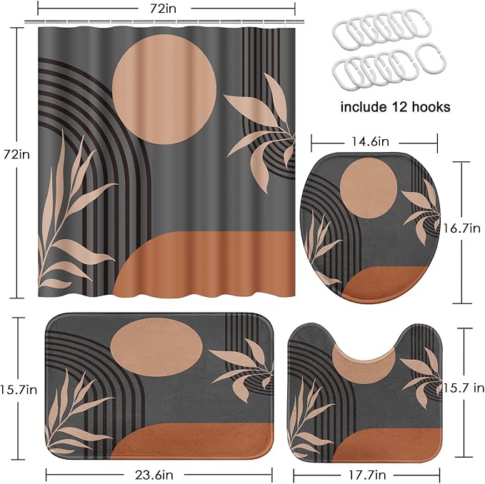 Bathroom Sets with Shower Curtain and Rugs, 4 Pcs, Boho Mid Century | Abstract Modern Minimalist Bathroom Decor Set with Toilet Lid Cover, Non-Slip Bath Mats and Accessories 12 Hooks