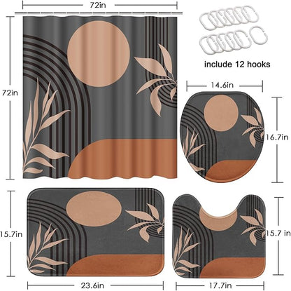 Bathroom Sets with Shower Curtain and Rugs, 4 Pcs, Boho Mid Century | Abstract Modern Minimalist Bathroom Decor Set with Toilet Lid Cover, Non-Slip Bath Mats and Accessories 12 Hooks