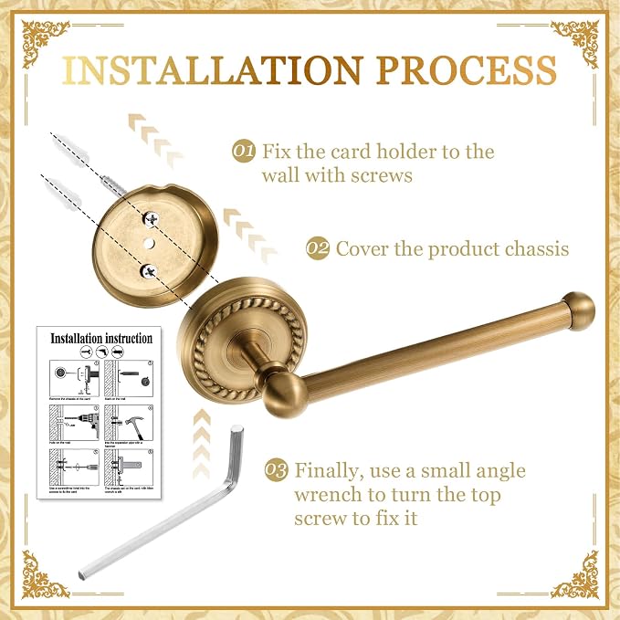 4 Pcs Antique Brass Gold Bathroom Accessories Set Wall-Mounted Towel Rack & Towel Ring & Toilet Paper Holder & Robe Hook, Wall Mounted Brass Vintage Bath Hardware Fixture Set(Style 1)
