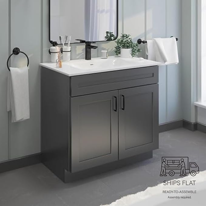 36" Grey Shaker Bathroom Vanity Base – Ready-to-Assemble Bathroom Sink Cabinet, Freestanding Vanity Base Only, RTA Bathroom Cabinet, No Top or Sink
