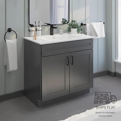36" Grey Shaker Bathroom Vanity Base – Ready-to-Assemble Bathroom Sink Cabinet, Freestanding Vanity Base Only, RTA Bathroom Cabinet, No Top or Sink