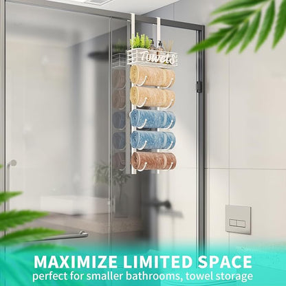 HapiRm Towel Racks for Bathroom Storage - 6 Tier Over The Door & Wall Mount Rolled Towel Storage Organizer Holder with Metal Shelf Basket for Small Bathroom, Camper, Rv - White, Patented