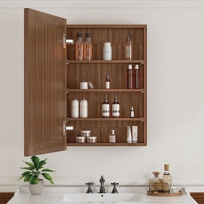 Buruis 20 x 28 Inch Walnut Grain Medicine Cabinet with Mirror, Recessed or Wall-Mounted Wood Storage Cabinet for Bathroom, Adjustable Shelves, Soft-Close Hinges, Rectangle