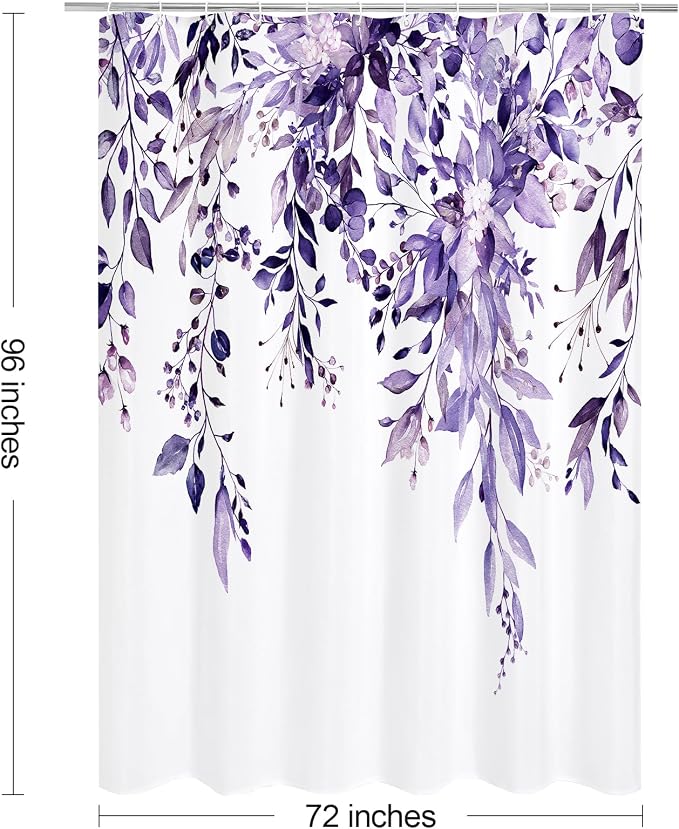 Purple Eucalyptus Shower Curtain, Watercolor Floral Print, 72x96 | Watercolor Plant Leaves Floral Print, Waterproof Fabric Bathroom Decor, Machine Washable, Rustproof Grommets