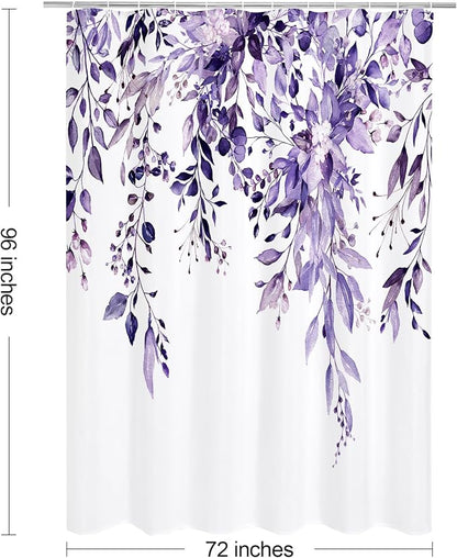 Purple Eucalyptus Shower Curtain, Watercolor Floral Print, 72x96 | Watercolor Plant Leaves Floral Print, Waterproof Fabric Bathroom Decor, Machine Washable, Rustproof Grommets