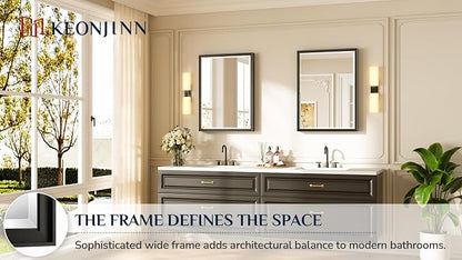 Keonjinn 24"x32" Black Bathroom Mirrors for Over Sink, Aluminum Alloy Frame | Tempered Glass with Beveled Edge, French Cleat, Lightweight, Rectangular Modern Farmhouse Mirrors for Wall Decor, Hallway