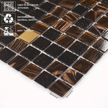 11.5 sq.ft Black Brown Glass Mosaic Tile for Bathroom, Pool, Backsplash | Waterproof Wall & Floor Tile. Heat & frost resistant outdoors. Mesh-mounted easy install. Use any grout. Easy clean. 10pcs.