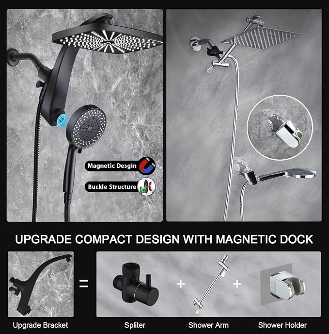 12" High Pressue Rain Shower Head with Handheld, 9 Sprays Hand Showerhead | Shower Heads with Handheld Spray Combo, Dual Head, Built-in Magnetic Docking, Power Jets, 59" Shower Hose, Black 1.75GPM