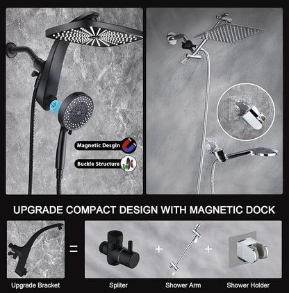 12" High Pressue Rain Shower Head with Handheld, 9 Sprays Hand Showerhead | Shower Heads with Handheld Spray Combo, Dual Head, Built-in Magnetic Docking, Power Jets, 59" Shower Hose, Black 1.75GPM