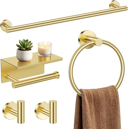 TURS Brushed Gold 5-Piece Bathroom Hardware Set Towel Bar Set SUS304 Stainless Steel Towel Racks for Bathroom Wall Mounted, 23.6-Inch