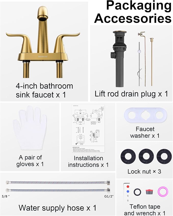 WOWOW 4 Inch Bathroom Sink Faucet - Brushed Gold Centerset Vanity Faucet with Lift Rod Drain Modern Mixer Tap for Rv Sink