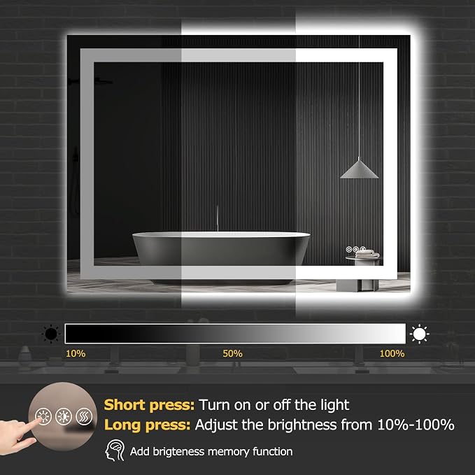 Hivone 40"X30" LED Bathroom Mirror with Lights, Anti-Fog, Dimmable, Backlit + Front Lit, Smart Bathroom Vanity Mirror, Memory Function, Shatterproof, Tempered Glass (Horizontal/Vertical)