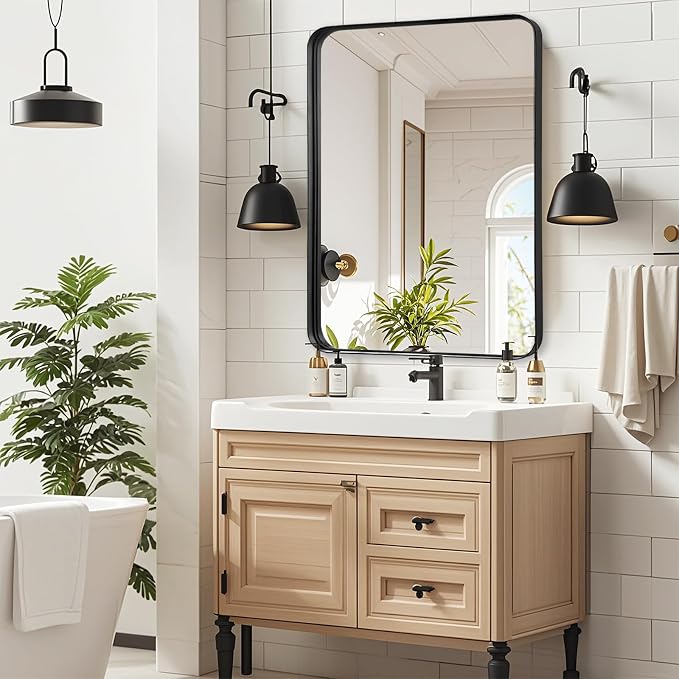 Black Bathroom Vanity Mirror Over Sink 28x36, Large Wall Mounted Mirror | Fabuday Matte Metal Framed Rectangular Big Mirror for Living Room, Bedroom, Entryway Decor, Rounded Rectangle Design