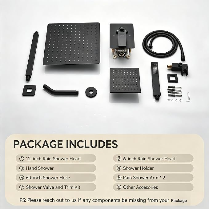 Dual Rainfall Shower Head System, Push Button Shower Faucet Set with 12" Ceiling Mount Rain shower head and 6" Wall Mount Shower Head, Pressure Balance Rough-in Valve (Matte Black)