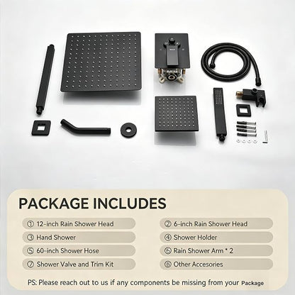 Dual Rainfall Shower Head System, Push Button Shower Faucet Set with 12" Ceiling Mount Rain shower head and 6" Wall Mount Shower Head, Pressure Balance Rough-in Valve (Matte Black)
