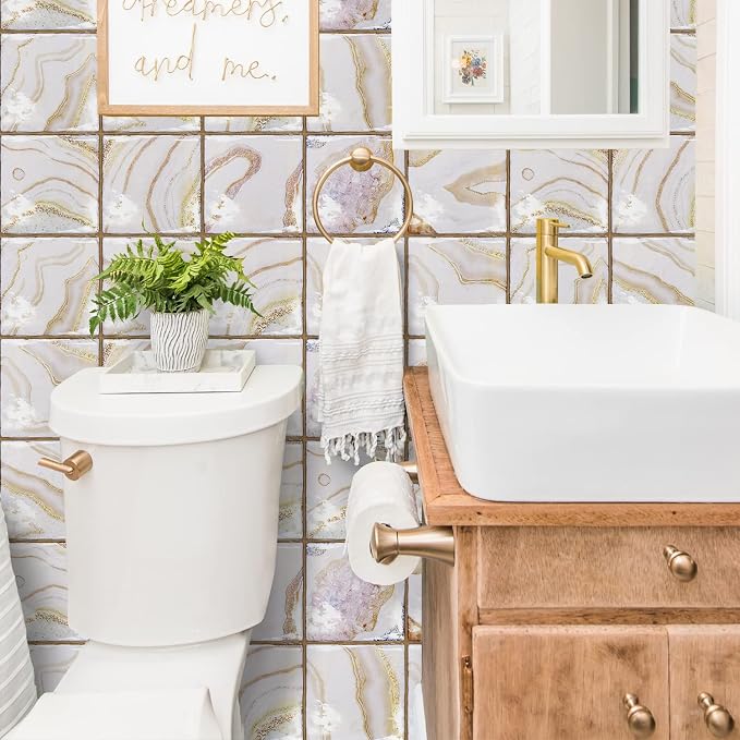 Alwayspon Vinyl Sticker Peel and Stick, Self-Adhesive Wall Tile Transfers Backsplash Sticker Decal for Kitchen Bathroom, 6x6inch/15x15cm 10Pcs, Light Stone Stripes T048