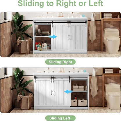 48" White Farmhouse Bathroom Vanity Double Sink, Freestanding Storage Vanity with 2 Barn Sliding Doors, 2 Drawers & 4 Shelves (Actual 47.3" L x 19.7" W x 35.5" H)