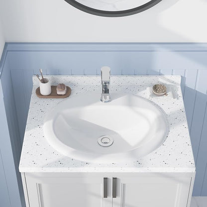 Bathroom Vessel Sink Semi-Recessed Round Ceramic Basin 20.24×17.01×7.64 inch, Single Faucet Hole Countertop Sink for Modern Vanity, Small Bathroom Upgrade and Home Renovation Projects