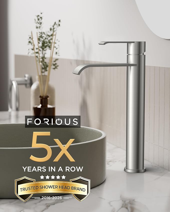 FORIOUS Waterfall Bathroom Vessel Sink Faucet Brushed Nickel Single Hole | Waterfall Brushed Nickel Tall Bathroom Faucet 1 Hole, Silver Bathroom Sink Faucet for Vessel Sink with Drain and Supply Line