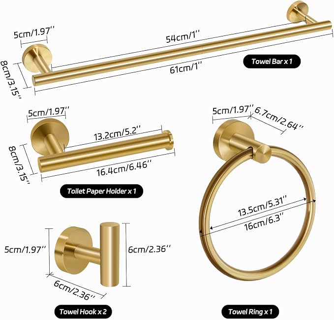 5 Piece Brushed Gold Bathroom Hardware Set with Towel Racks for Bathroom，23.6 Inch Stainless Steel Bath Towel Bar Set Wall Mounted Accessories Kit (Brushed Gold, 5-Pieces Set)