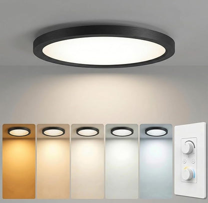 12Inch LED Flush Mount Ceiling Light,5CCT,ETL Listed,Dimmable Black | Hardwired 5CCT Selectable 2700K-5000K,24W 3200LM Dimmable Round Flat Panel Light Fixture for Bedroom,Kitchen,Bathroom&Indoor