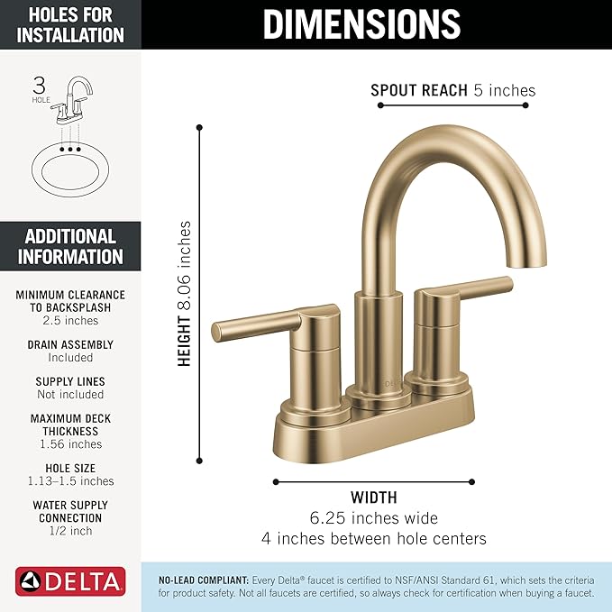 Delta Nicoli Centerset Brushed Gold Bathroom Faucet with Sprayer, 4 Inch 3 Hole Bathroom Sink Faucet with Pull Out Sprayer, Push-Pop Drain, Champagne Bronze 25749LF-CZ