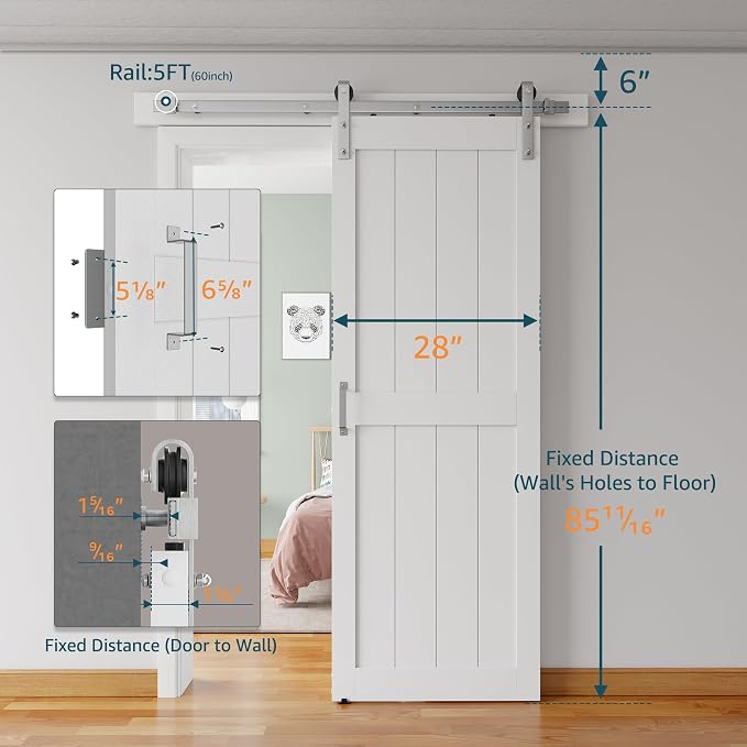 28''x84'' Sliding Barn Door with 5 Ft Brushed Nickel Hardware Kit | Pre-Drilled Holes Easy Assembly - Include Installation Manual, Water-Proof PVC Surface, H-Frame, White