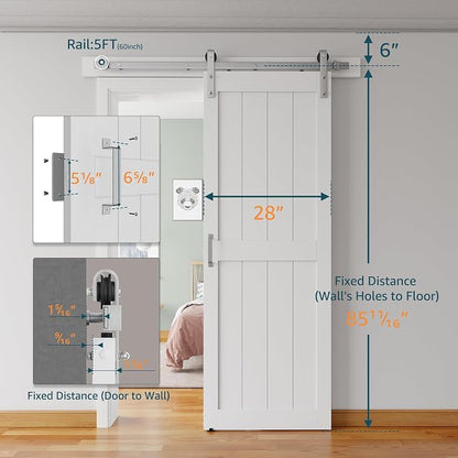 28''x84'' Sliding Barn Door with 5 Ft Brushed Nickel Hardware Kit | Pre-Drilled Holes Easy Assembly - Include Installation Manual, Water-Proof PVC Surface, H-Frame, White