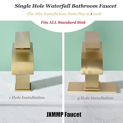 Waterfall Faucet for Bathroom Sink, Single Hole Bathroom Faucet Brushed Gold with Pop Up Drains and Deck Plate for 3 Hole Installation JXM122BG