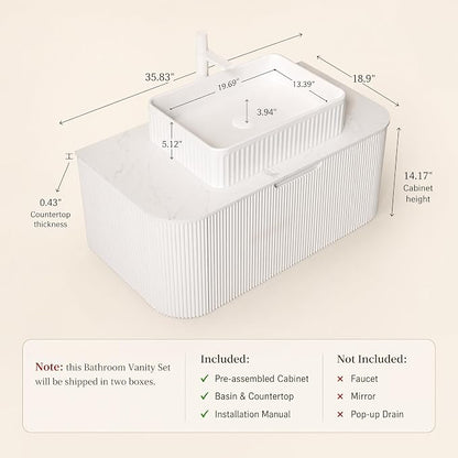 36 Inch Bathroom Vanity with Sink, Floating Wall Mounted Single Sink Vanity, White Curved Fluted Front, Stone Top, White Textured Rectangular Vessel Basin, Pre-Assembled